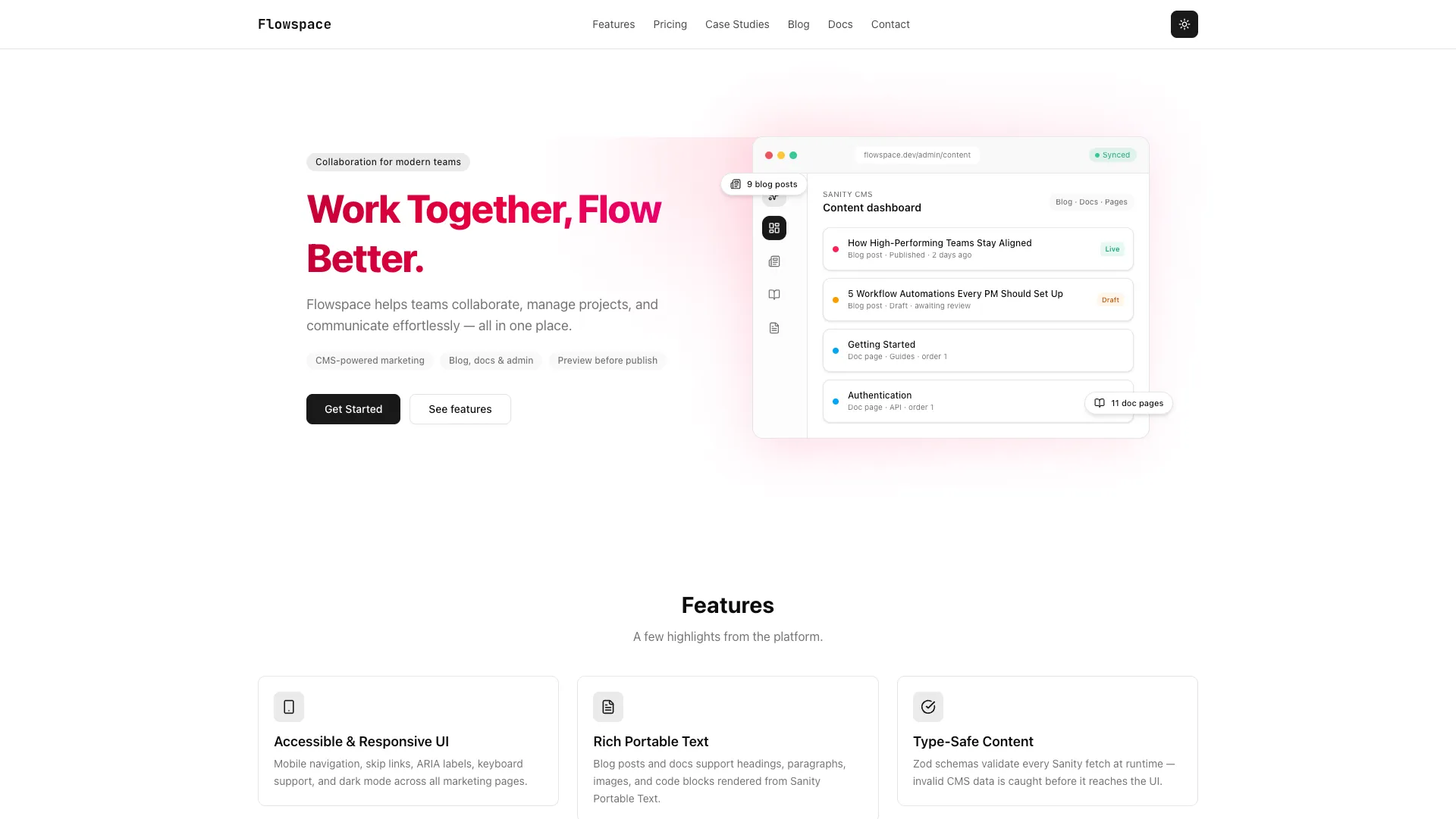Flowspace homepage showing a structured content dashboard for blog posts and documentation.
