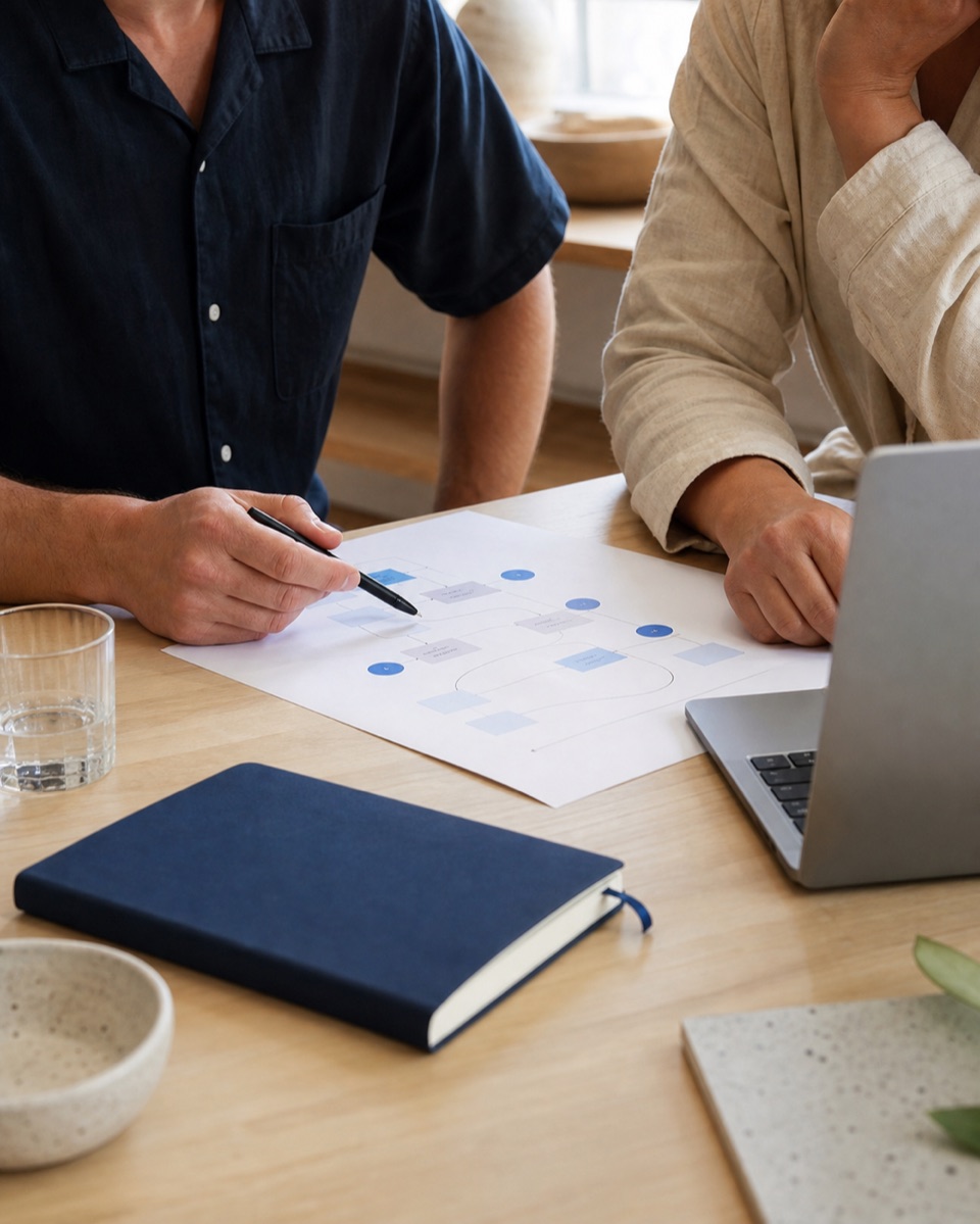 Two people reviewing a digital workflow beside a laptop.
