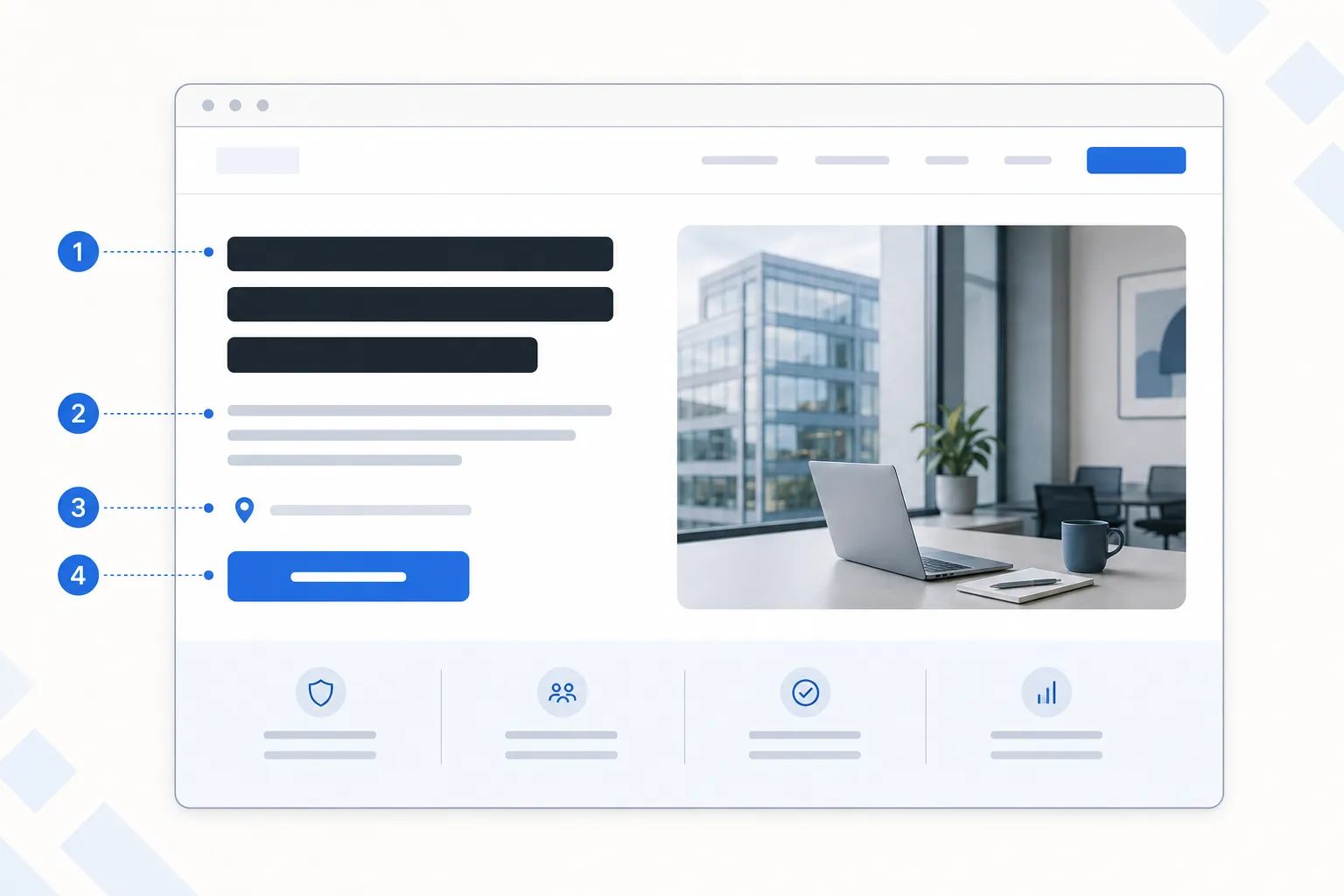 Homepage layout highlighting its headline, supporting message, location and primary call to action.