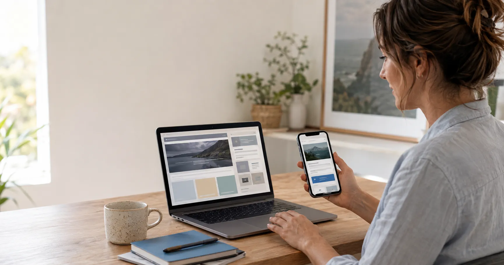 Business owner comparing an outdated website with a modern mobile-friendly design.