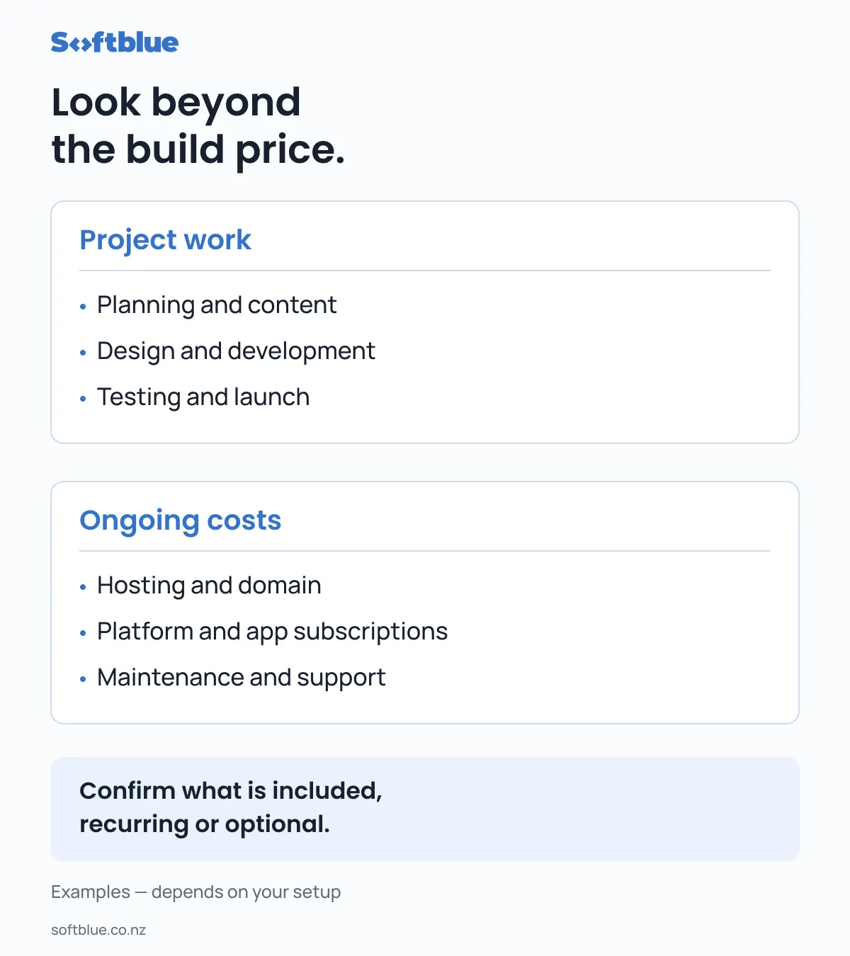 Examples of one-off website project work alongside ongoing hosting, subscription, maintenance and support costs.