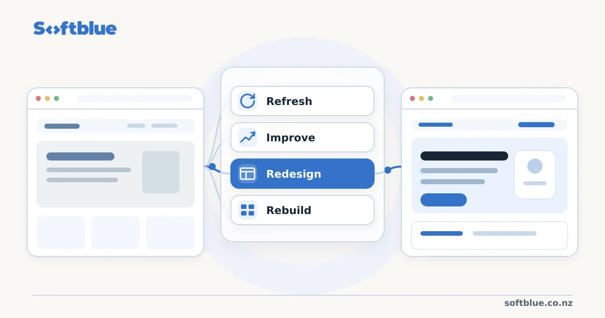 Diagram showing refresh, improve, redesign and rebuild options between an older and updated website.