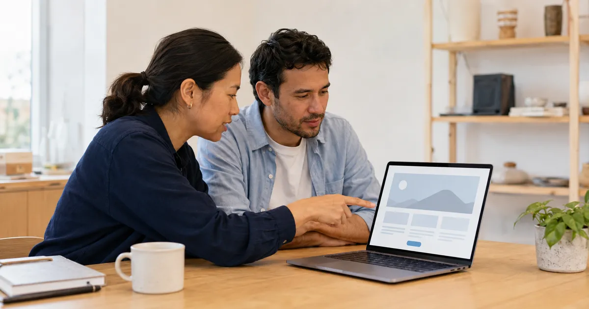 Two people reviewing a small business website plan together on a laptop.