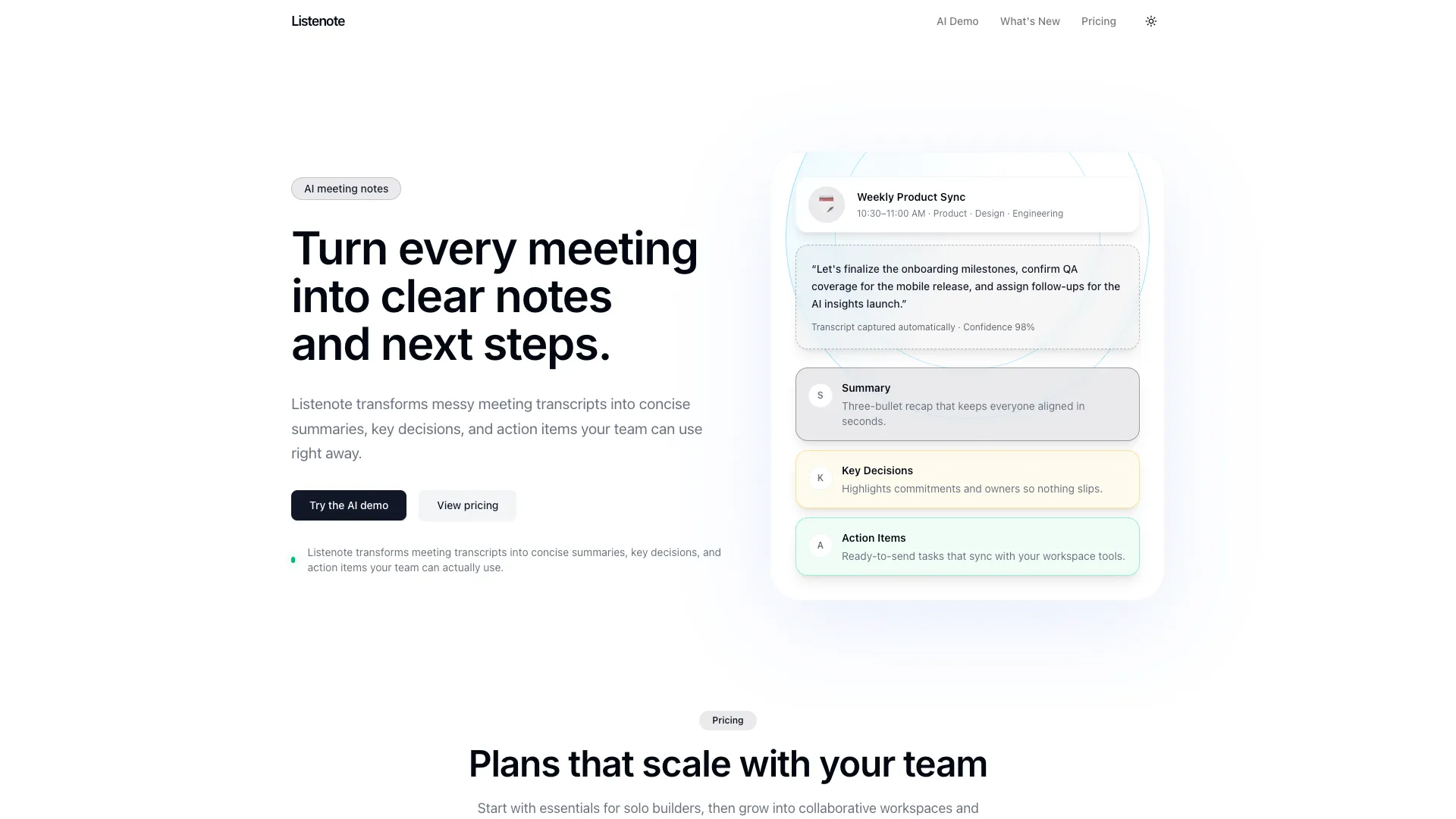 Listenote homepage showing a meeting summary, key decisions and action items.