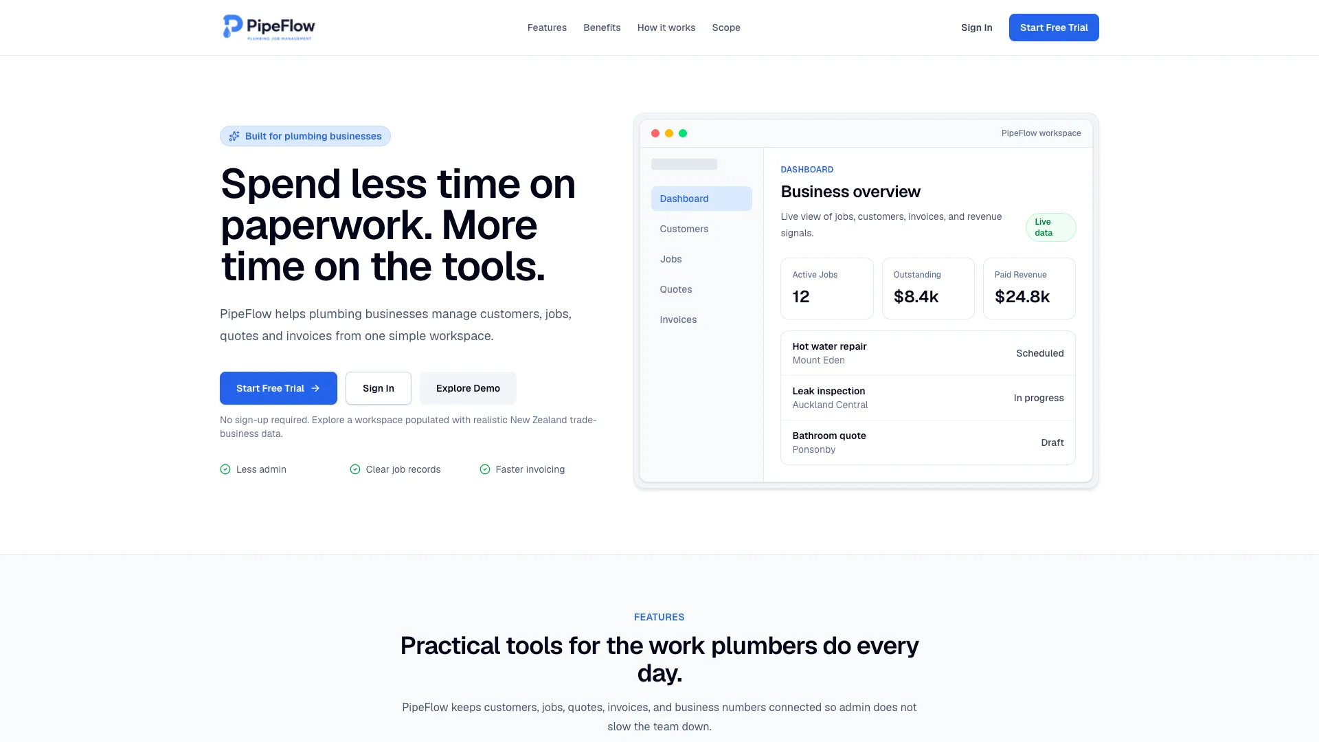 The PipeFlow homepage, a service business operations platform.