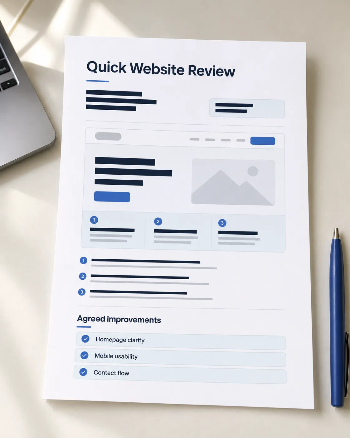 Example layout of a short website review document, listing findings and three agreed improvements: homepage clarity, mobile usability and contact flow.